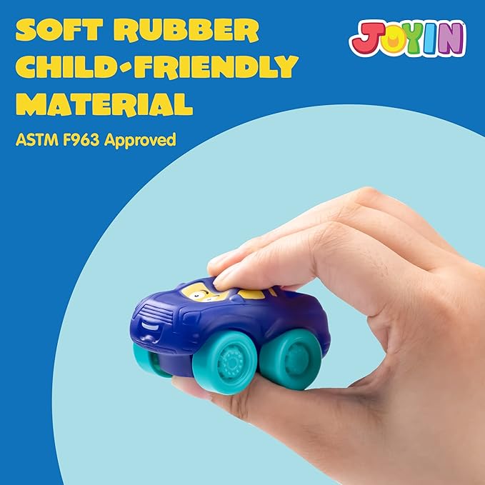 JOYIN Cartoon Cars, Soft Rubber Toy Car Set, Mini Vehicles, Bath Toy Car for Toddlers, Gift for Boys and Girls Easter Basket Stuffers, Summer Beach and Pool Activity, Party Favors for Kids