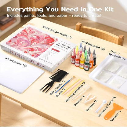 TMOL Marbling Paint Art Kit for Kids, Arts and Crafts Set for Girls & Boys Ages 8-12, Craft Kits with 16ml-12pcs & 25 Papers, Art Supplies, Birthday Gifts & Creative Toys for Kids Age 8 9 10 Year