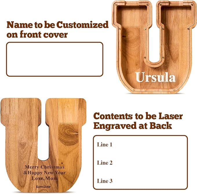 Summidate Customized Name Large Wooden Piggy Bank for Kids Boys Girls Alphabets Letter A-Z Coins Bills Money Change Bank Box Initial on Clear Cover (Laser Engraved) (Alphabet-U, Personalized-9")