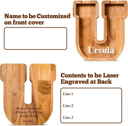 Summidate Customized Name Large Wooden Piggy Bank for Kids Boys Girls Alphabets Letter A-Z Coins Bills Money Change Bank Box Initial on Clear Cover (Laser Engraved) (Alphabet-U, Personalized-9")