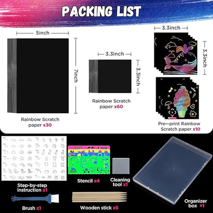 Scratch Art for Kids, Funtopia 100 Sheets Rainbow Scratch Paper, Black Scratch Off Paper Craft Kits, School Art Supplies Classroom Prizes Travel Toys Birthday Party Gifts, for Boys Girls ages 4-8 8-12