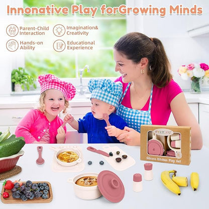 TYRY.HU Play Kitchen Accessories, 11Pcs BPA Free Silicone Pretend Play Food Sets, Play Kitchen Set,Play Kitchen Cooking Utensils Pots & Pans, Pretend Role Play Cooking Toys Gifts for Toddlers 1-3,Pink