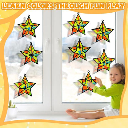 QOUBAI 32 Sets Back to School Stars Suncatchers Craft DIY Window Stained Glass Effect Patriotic 4th of July Paper Craft Home School Classroom Decor Kid Birthday Gift Creative Art Project Activity Game