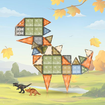3D Magnetic Tiles, STEM Learning and Encourage Imaginative Play Magnetic Blocks, Preschool Puzzle Toys with Dinosaur, Gift for Boys and Girls 3 4 5 6 7 8 Years+