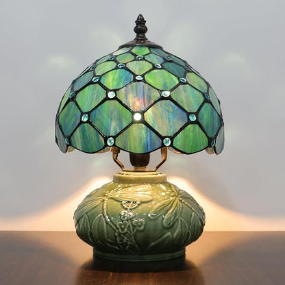 Small Tiffany Lamp Mushroom Table Lamp, Mini Stained Glass Desk Light Memory Sympathy Ceramic lamp 8X11 Inch (Sea Blue Pearl Style)
