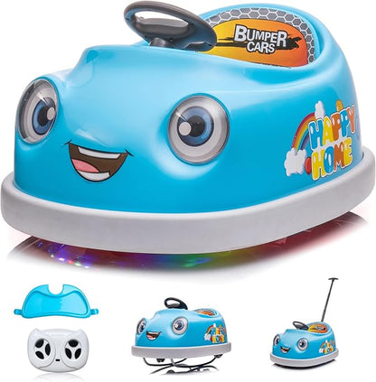 12V Dual Battery Electric Ride on Kids Bumper Car w/Remote Control,360 Degree Spin,Push Rod Rocker Horse Function,3-Speeds Babies & Toddlers Bumping Car Ride on Toy Gift for 1-4 Years Children (Blue)