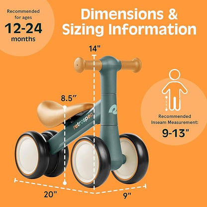 Retrospec Cricket 2 Baby Walker Balance Bike with 4 Wheels - Safe Learning Toy for Ages 12-24 Months - Scratch-Resistant Indoor Outdoor Toddler Riding Toy with Steering Limit & Soft Grips
