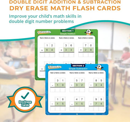 Channie’s Double Digit Addition and Subtraction Flash Cards, 30 Dry Erase Educational Math Flash Cards for Kids, Ideal for 1st to 3rd Grade, Level 2 Color-Coded Cards, 360 Two-Digit Problems