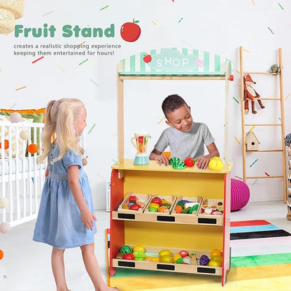 Wooden Puppet Theater Bonus 2 Hand Puppet, Double-Sided Lemonade Stand & Puppet Show Theater for Kids, Wood Deluxe Children Puppet Theatre Toy with Chalkboard