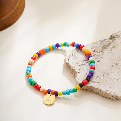 Colorful Initial Bracelets for Women Girls, Cute Beaded Initial Bracelet Teen Girl Gifts Trendy Stuff Gold Disc Letter Bracelet Personalized Gifts for Women Jewelry
