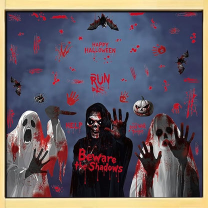 Halloween Ghost Window Clings Horror Bloody Handprints Spooky Ghost Slap The Window Double Sided Large Spooky Designs Halloween Bat Pumpkin Windows Clings for School Home Office Party Supplies Decor