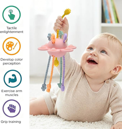 Silicone Baby Sensory Montessori Toys & Pull String Teething Toys for 6-12-18 Months, Toddler Birthday Gift Car Seat Airplane Travel Toy for 1 2 Year Old Boy Girl Infant 8 9 10 Months Old (Pink)