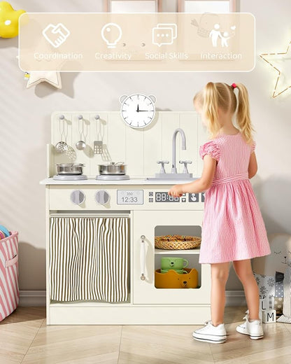 MAMIZO Kids Kitchen Playset with Ample Storage, Interactive Play Kitchen with Simulated Gas Cooker, Clicking Knobs, Sink, Faucet, 6 Pcs Cookware, Educational Clock for Toddlers (Cream)