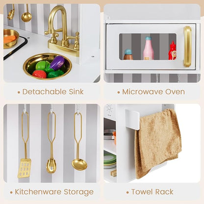 INFANS Kid Kitchen Playset, Toddler Wooden Pretend Cooking Set with Realistic Light & Sound, Stove, Sink, Microwave, Storage Cabinet, Play Kitchen Toy Set for Children Boys Girls (Gold)