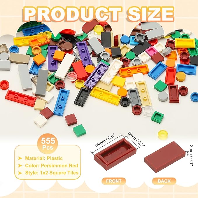 PATIKIL 555 Pcs Flat Blocks Bulk, 1x2 Square Persimmon Red Classic Tiles Smooth Surface Mini Building Blocks Accessories Compatible Bricks Kits for Building Floor Walls Mosaic Pixel Arts