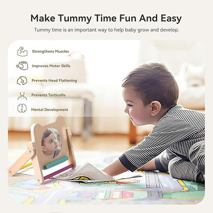Rotating Baby Safe Mirror with 120 Pages Visual Stimulation Cards - Wooden Tummy Time Mirror Toys - Black White Red and Color High Contrast Baby Flashcards for Brain and Cognitive Development