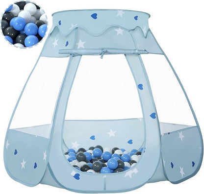 Baby Ball Pit for Toddler with 50 Balls, Kids Pop Up Play Tent for Girls, Princess Toys Gifts for Children Indoor & Outdoor Playhouse (Greyish-Blue: Gray/White/Babyblue, 109x90cm/50 Balls)