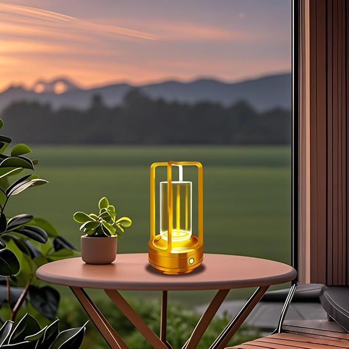 Outdoor Table Lamp, 4000mAh Rechargeable Battery Operated lamp, 3 Color Stepless Dimmable Cordless Table Lamp for Patio, Camping, Coffee Table, Crystal Lantern lamp for Indoor/Outdoor (Gold)
