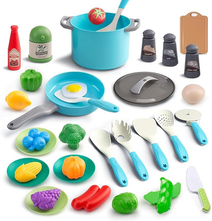 35Pcs Kids Kitchen Toy Accessories, Toddler Pretend Cooking Playset with Play Pots, Pans, Utensils, Cookware, Play Food Set, Toy Vegetables, Learning Gift for Girls & Boys (Turquoise)
