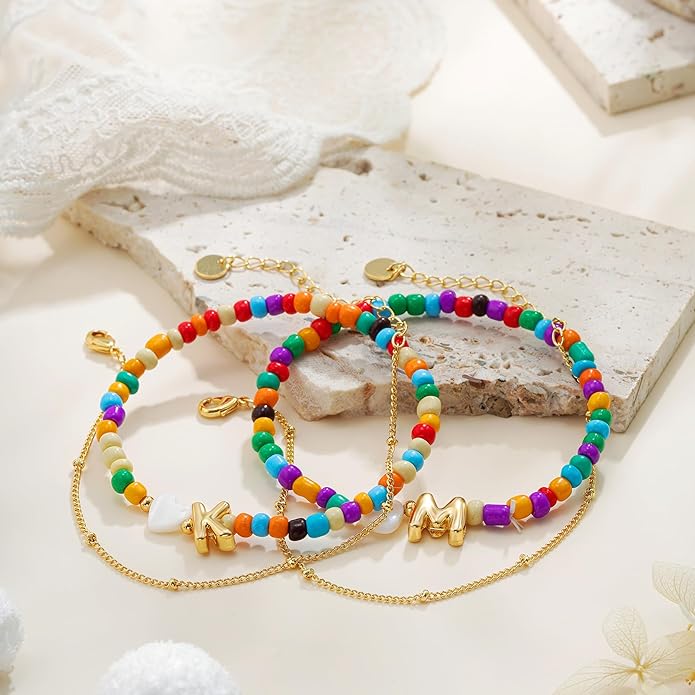 Colorful Initial Bracelets for Women Girls - 14K Gold Plated Heart Initial Letter Daint A-Z Charm Bracelet Summer Jewelry Teen Girl Gifts for Teen Kids