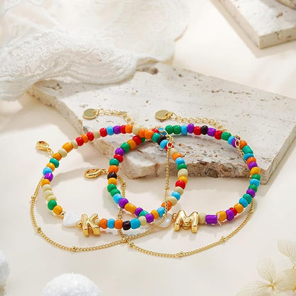 Colorful Initial Bracelets for Women Girls - 14K Gold Plated Heart Initial Letter Daint A-Z Charm Bracelet Summer Jewelry Teen Girl Gifts for Teen Kids