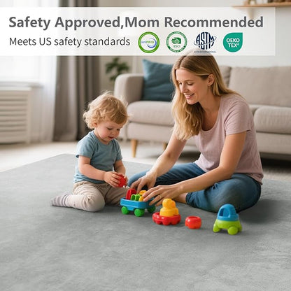 Baby Play Mat for Floor,Extra Large 59"×71" Tummy Time Mat,Thicker Memory Foam Mat for Toddler,Infant,Kid,Water Repellent Ultra Soft Coral Velvet,Non-Slip Backing Safe for Crawling(Light Grey)