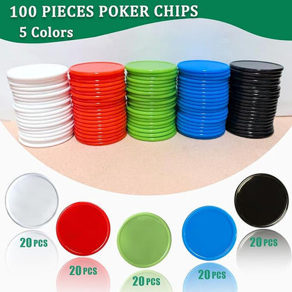 100 PCS Plastic Poker Chips Set, 1.45 Inch Colored Bingo Game Chips, Casino Chip for Game Tokens, Math Learning Counters for Ki ds Classroom, Blackjack, Party or Family Poker Card Games, Texas Hold'em
