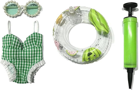 15/17cm（6.7inch Doll Clothes 4-Piece Summer Set: Bikini, Inflatable Ring, Sunglasses & Air Pump for Pool Party (Doll Not Included)