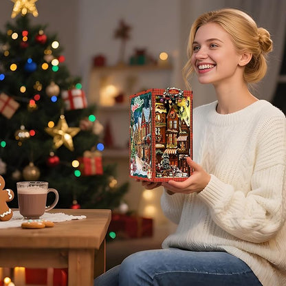 DIY Christmas Book Nook Kit, Wooden Dollhouse Kit with Dust Cover,Tiny Diorama House Building Set Booknook Bookshelf Insert Decor Alley Creative Idea Gifts for Aduls Bookends Model(Christmas Street)