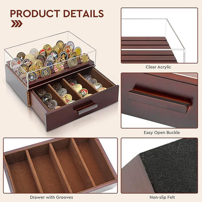 Challenge Coin Display Case, Military Coin Collection Holder with Wooden Coin Box, Drawers, and Clear Acrylic Lid – Gifts for Coins Collectors (6 Rows)
