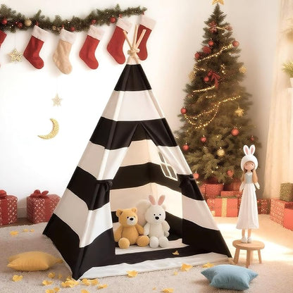 Teepee Tent for Kids with Padded Mat, Lights, and Carry Bag, Washable Playhouse for Indoor Use, Ideal Play Tent for Girls and Boys, Stripe Black