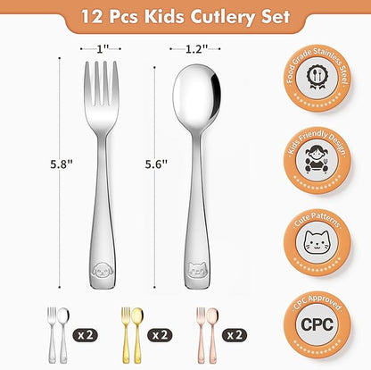 DRKIO Stainless Steel Toddler Utensils Set - 12 Pieces Kids Silverware Set Children Safe Food Grade Small Forks and Spoons Dishwasher Safe Mirror Polished