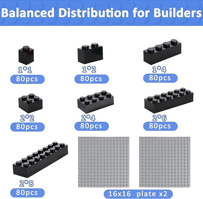 560 Pieces Black Classic Building Blocks Bulk with 2 Base Plates, Building Bricks in 7 Size, Compatible with All Major Bricks, for Kids & MOC Lovers