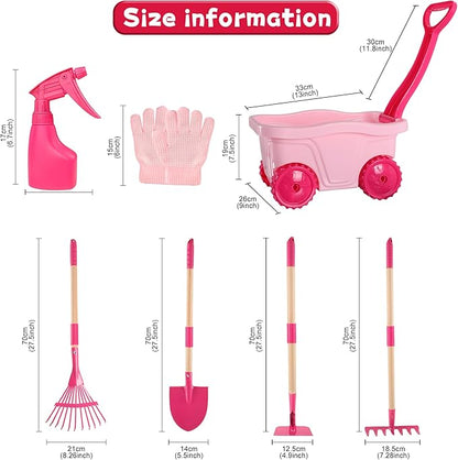 Duckura Kids Gardening Tools Set - 7pcs Wheelbarrow Set for Kids with Shovel, Rake, Leaf Rake, Summer Outdoor Yard Digging Weed Toys, Halloween Birthday Gifts for Boys Girls Age 2 3+ Years Old(Pink)
