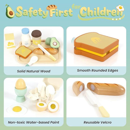 Wooden Play Food Sets for Kids Kitchen, Food Toys for Toddlers 3+ Year Old, Pretend Food Play Kitchen Accessories, Cutting Food Gift for Boys Girls