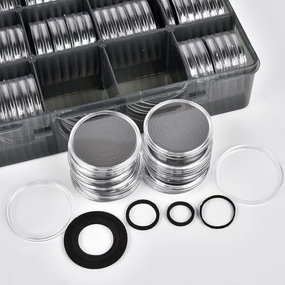 84 Pieces 46 mm Coin Capsules, with Foam Gasket and Plastic Storage Organizer Box, Coins Holder Collector Case for Coin Collection Supplies 7 Sizes (16/20/25/27/30/38/46mm)-Gray Case+Black Gasket