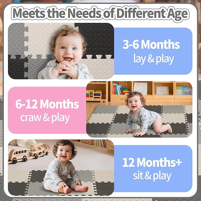 36 Tiles Foam Play Mat for Baby, 0.4 Inch Thick Foam Interlocking Floor Mats, Soft Non-Toxic Baby Playmat, Solid Colored Puzzle Play Mat Kids Floor Mats for Toddler(White/Black/Gray)