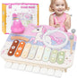 Kids Piano Musical Toys - 5 in 1 Wooden Music Instruments Montessori Toys for Baby Toddler, Sensory Toys with Drum Xylophone, Preschool Educational Toys, Birthday Gifts for Girls Boys Pink