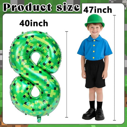 40in Pixel Giant Number 8 Balloon Birthday Decorations, Miner Theme Green Foil Balloons Blast Gaming Party Supplies