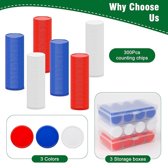300Pcs 3 Colors Bingo Chips with Sorting Storage Box, 1 Inch Plastic Poker Chips Learning Counters, Counting Discs for Fun and Learning (1 inch)
