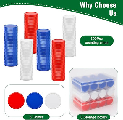 300Pcs 3 Colors Bingo Chips with Sorting Storage Box, 1 Inch Plastic Poker Chips Learning Counters, Counting Discs for Fun and Learning (1 inch)