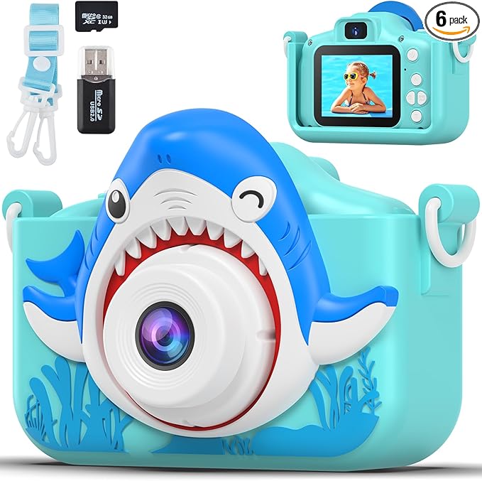 Shark Camera for Kids with Cartoon Silicone Cover, Digital Mini Camera Toys for 3 4 5 6 7 8 9 10 11 12 Year Old Boys Girls Birthday Chirstmas Gifts Ideas - Personal Video Players (Shark Blue)
