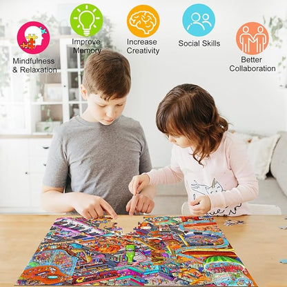 HUADADA Jigsaw Puzzles for Adults 1000 Piece Jigsaw Puzzles for Adults Challenging Game Puzzles with Letters on Back（Little People's World Party）