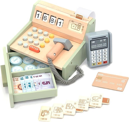 UMU® Wooden Cash Register for Kids - Includes Accessories (Scanner, Payment Terminal, Play Money, etc.), Role Play Shop & Accessories for Children Ages 3 4 5 6