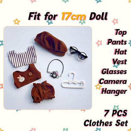 17cm Doll Clothes Set, Cute Boy Outfits for Clothes and Glasses, 7 PCS Cute Hat & Overalls Set Stylish Outfits Exquisite Accessories