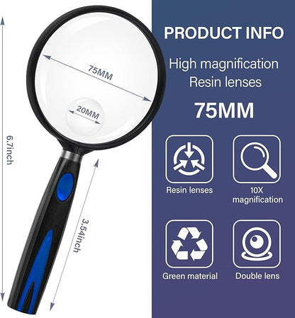 Feosky Handheld Reading Magnifier, 10X 30X Magnifier, 75mm Shatterproof Lens, Non-Slip Handle for Adults Close Work, Hobbies and Halloween & Cosplay(Blue/Black)