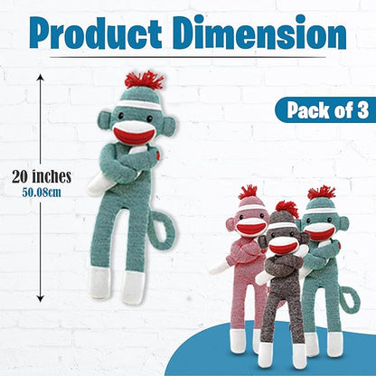 Adorable Sock Monkey Stuffed Animal - Pack of 3 - The Original Traditional Hand Knitted Plush Toy - Gift for Kids, Girls Boys Doll Present Puppet (20" Green, Pink, Brown)