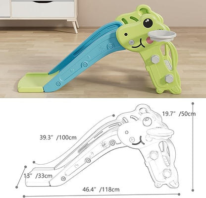 Toddler Slide, Green Playful Style, Kids Slide Playset with Ball & Hoop, Non-Slip Steps, Indoor Outdoor, 1-3 Years