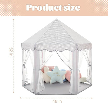 Princess Castle Tent for Girls Fairy Play Tents for Kids Blue Hexagon Playhouse with Fairy Star Lights Toys for Children or Toddlers Indoor or Outdoor Games (Grey Princess Tent)