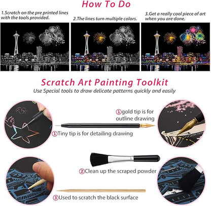 Scratch Art for Kids & Adults, Rainbow Engraving Painting Landscape Scratchboard(A4) Crafts Set: 8 Sheets 4 tools - Fireworks, Big Ben, Tower Bridge, Cristo Redentor, Ferris Wheel(Landmark Building)